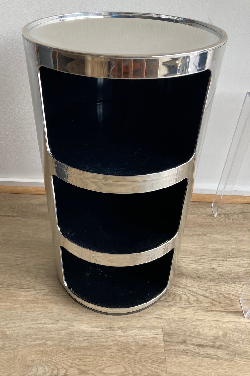 Pair 3 tier storage unit buffet side coffee table Kartell Componibili silver with ghost table space furniture used