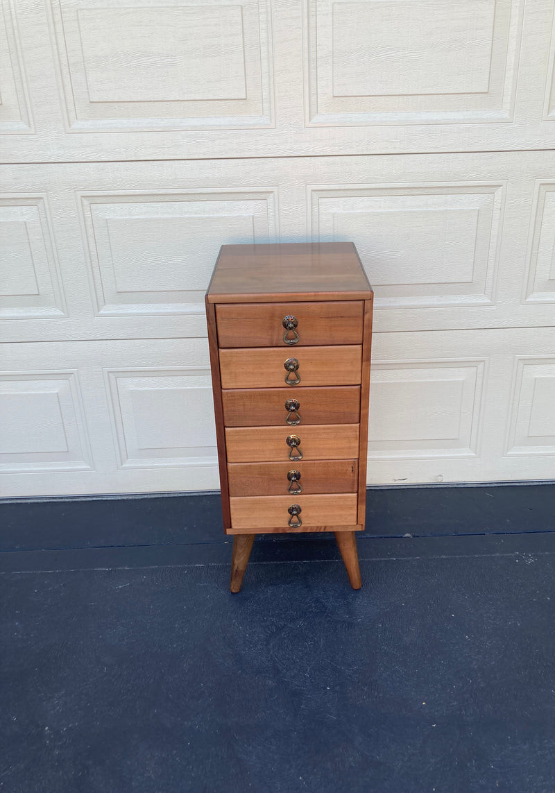 6 drawer cabinet fully restored teak honeycomb tapered legs vintage MCM brass