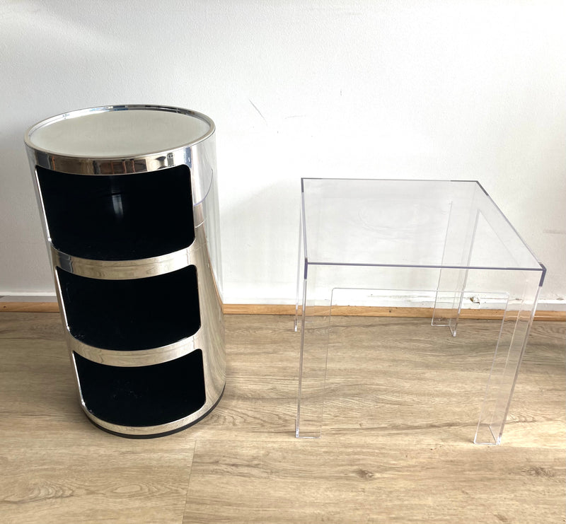 Pair 3 tier storage unit buffet side coffee table Kartell Componibili silver with ghost table space furniture used
