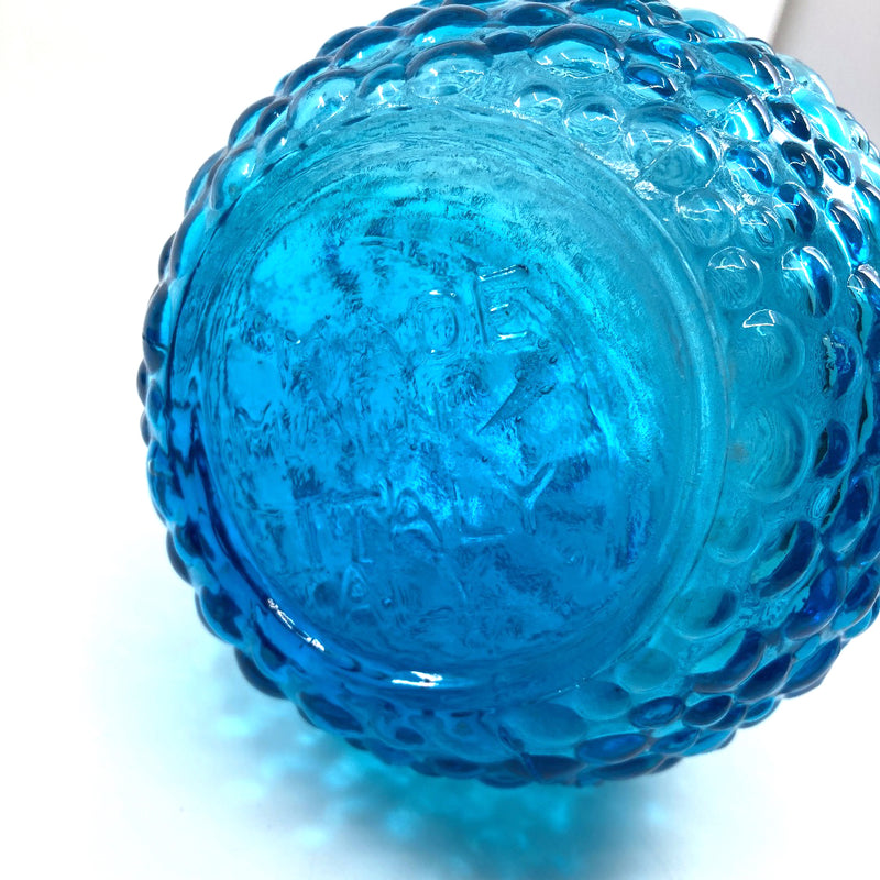 Blue genie bottle decanter 1960s glass mcm vintage Made In Italy mark hobnail
