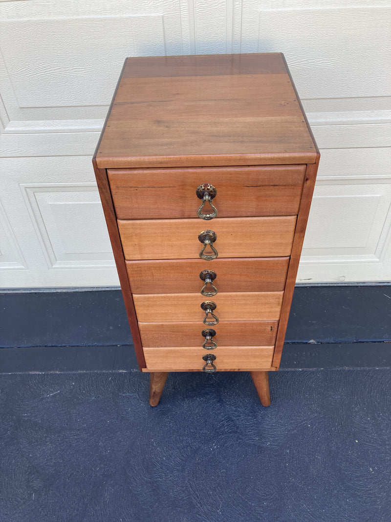 6 drawer cabinet fully restored teak honeycomb tapered legs vintage MCM brass