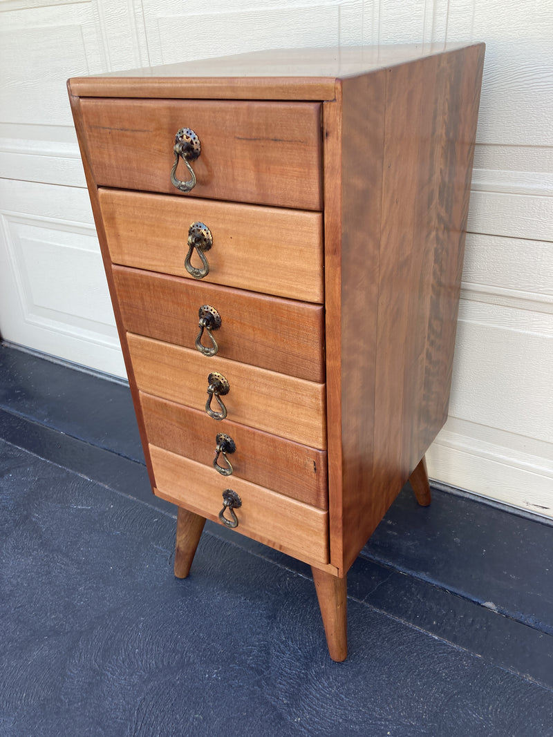 6 drawer cabinet fully restored teak honeycomb tapered legs vintage MCM brass