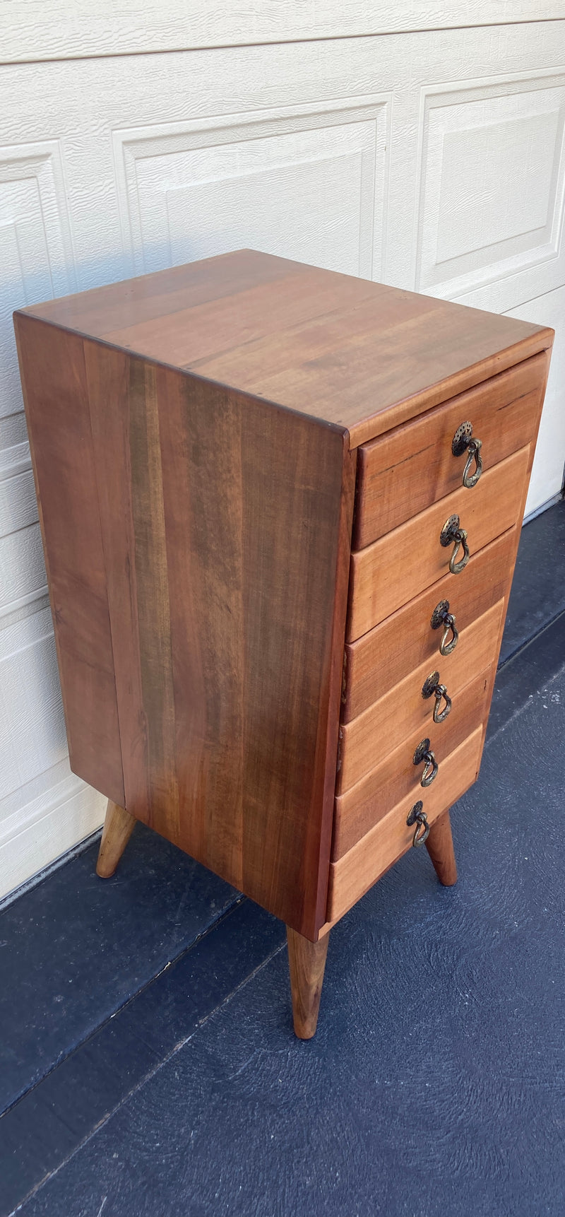6 drawer cabinet fully restored teak honeycomb tapered legs vintage MCM brass