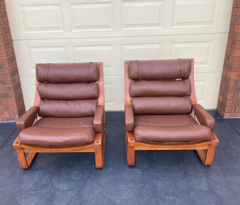 Tessa T4 sling pair of armchairs designed by Fred Lowen fully restored new Italian tan leather