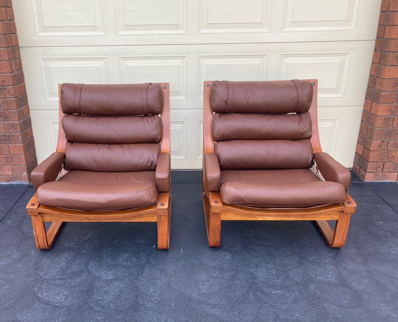 Tessa T4 sling pair of armchairs designed by Fred Lowen fully restored new Italian tan leather