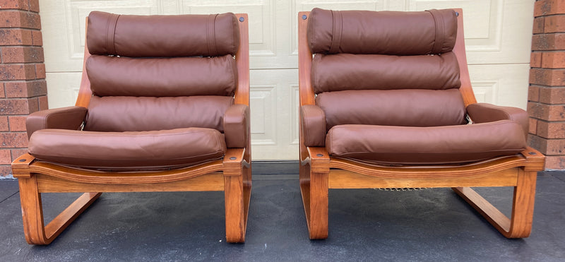 Tessa T4 sling pair of armchairs designed by Fred Lowen fully restored new Italian tan leather