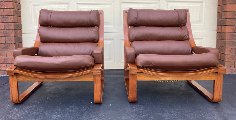 Tessa T4 sling pair of armchairs designed by Fred Lowen fully restored new Italian tan leather
