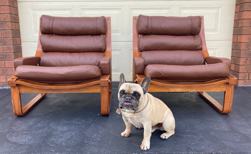 Tessa T4 sling pair of armchairs designed by Fred Lowen fully restored new Italian tan leather
