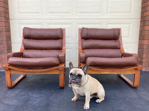 Tessa T4 sling pair of armchairs designed by Fred Lowen fully restored new Italian tan leather