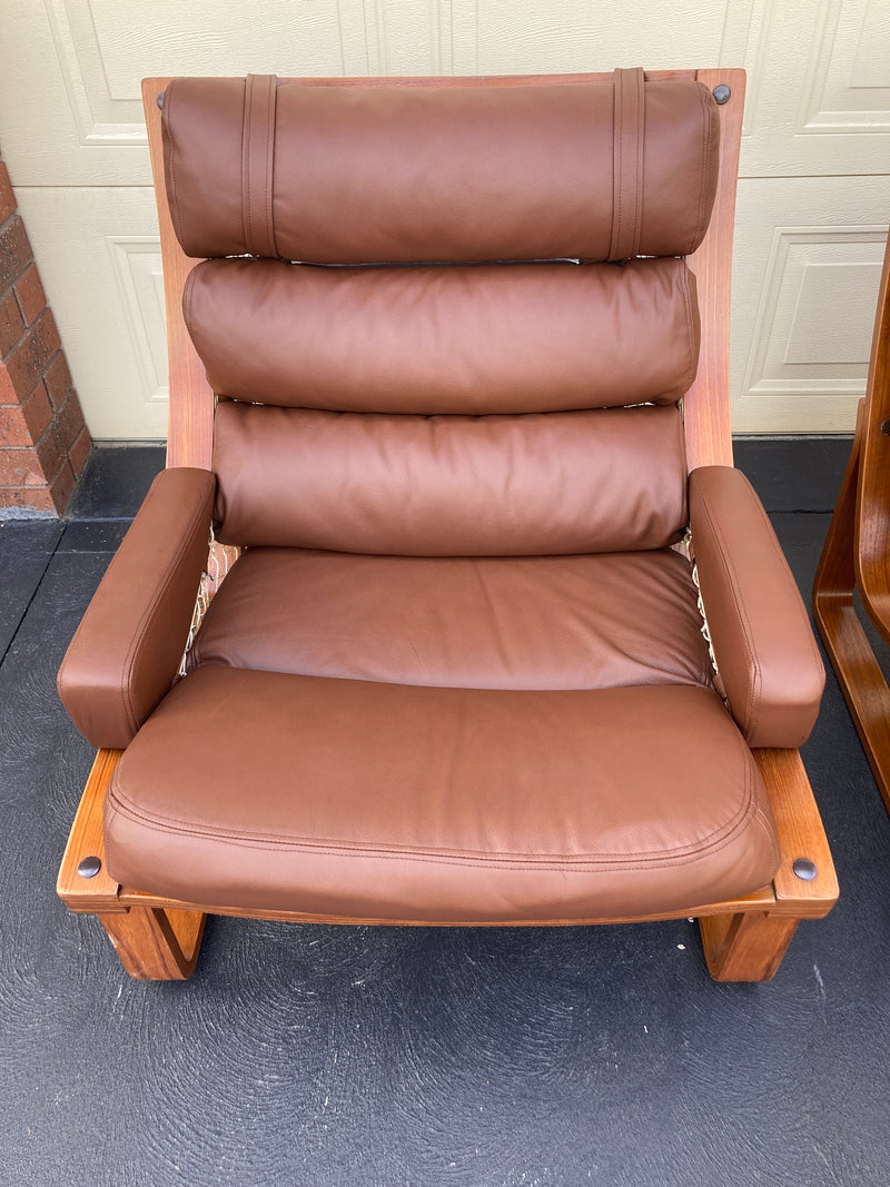 Tessa T4 sling pair of armchairs designed by Fred Lowen fully restored new Italian tan leather