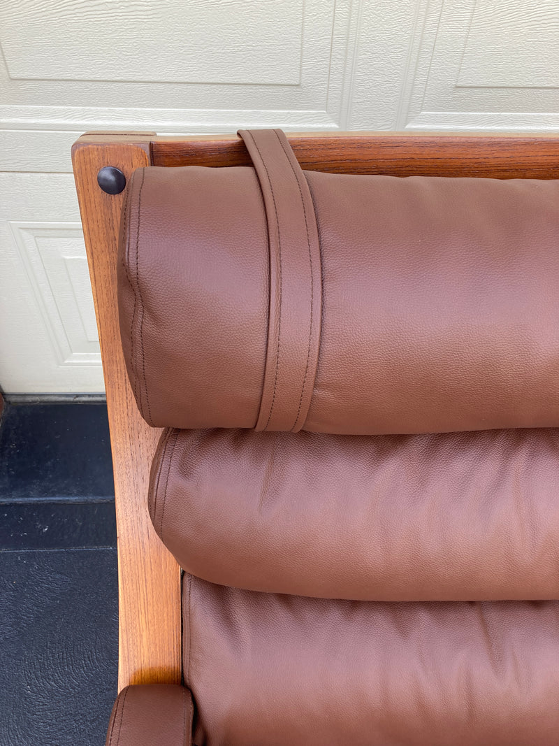 Tessa T4 sling pair of armchairs designed by Fred Lowen fully restored new Italian tan leather