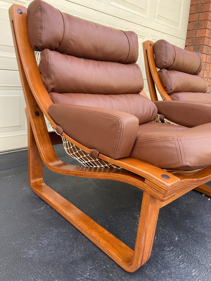 Tessa T4 sling pair of armchairs designed by Fred Lowen fully restored new Italian tan leather