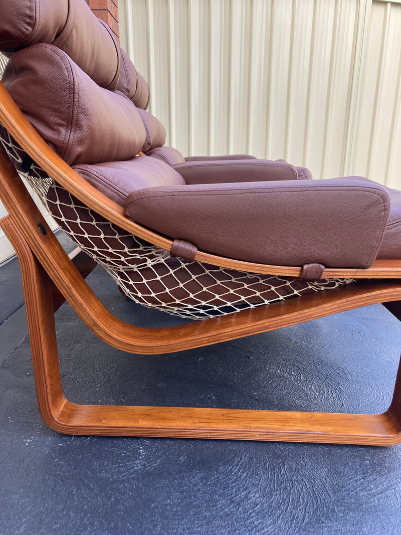 Tessa T4 sling pair of armchairs designed by Fred Lowen fully restored new Italian tan leather