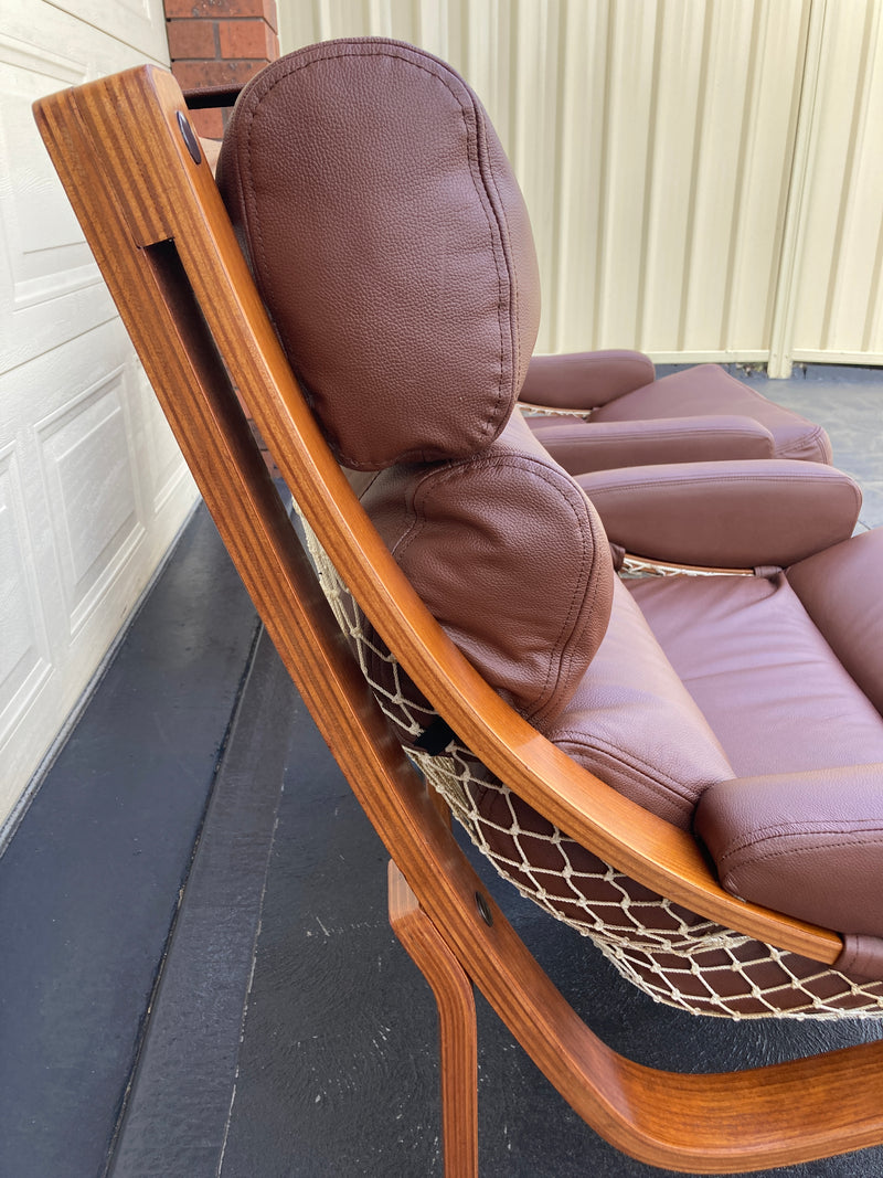 Tessa T4 sling pair of armchairs designed by Fred Lowen fully restored new Italian tan leather