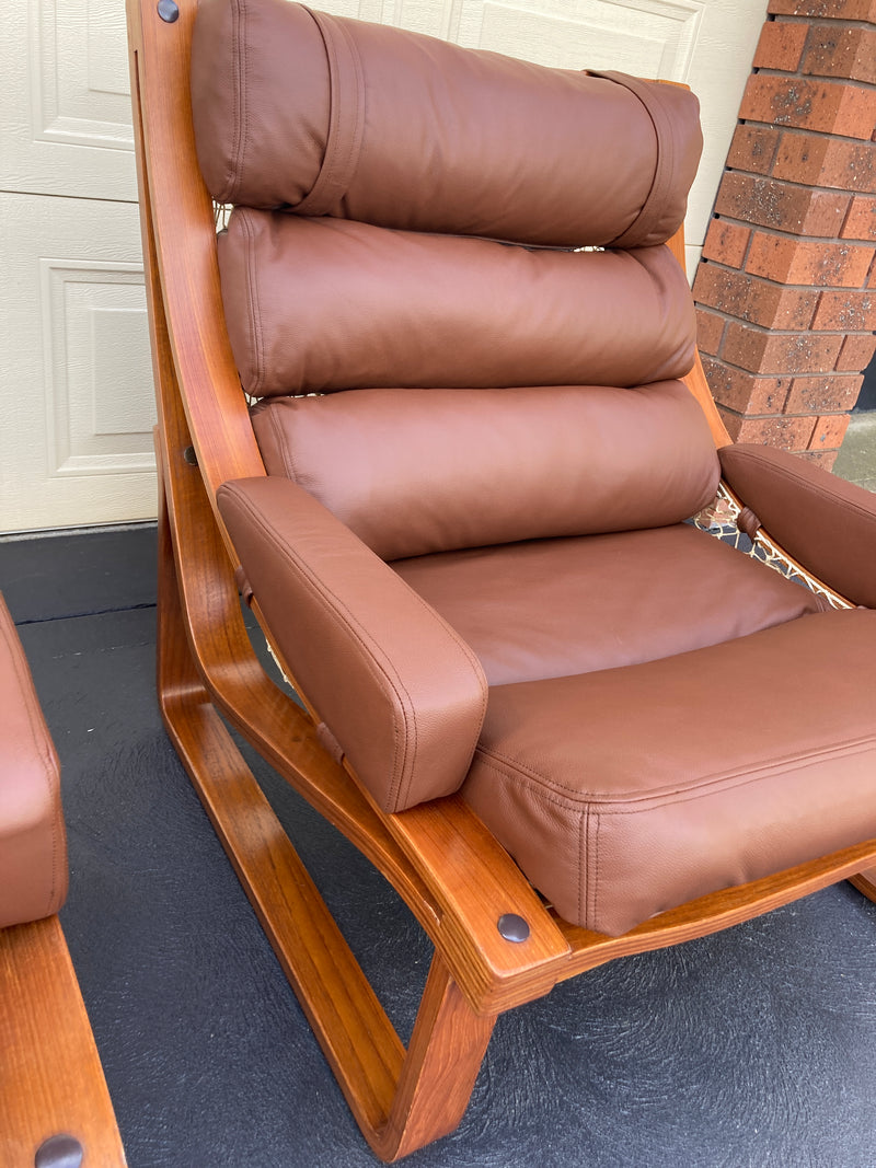 Tessa T4 sling pair of armchairs designed by Fred Lowen fully restored new Italian tan leather
