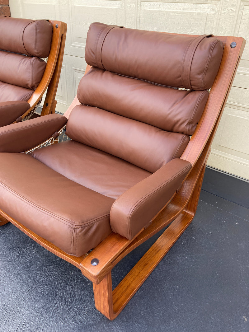 Tessa T4 sling pair of armchairs designed by Fred Lowen fully restored new Italian tan leather