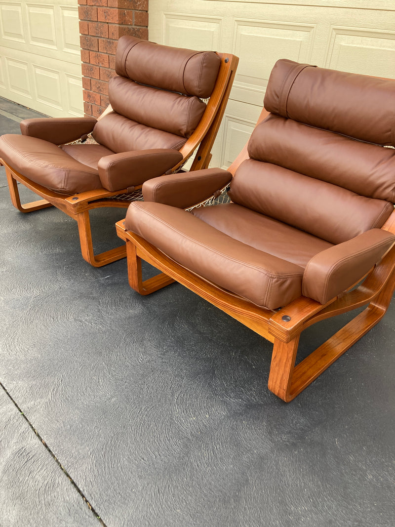 Tessa T4 sling pair of armchairs designed by Fred Lowen fully restored new Italian tan leather