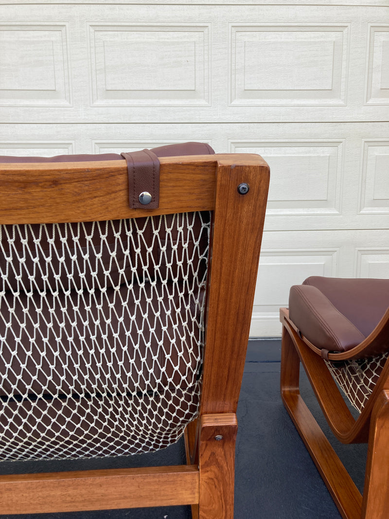 Tessa T4 sling pair of armchairs designed by Fred Lowen fully restored new Italian tan leather