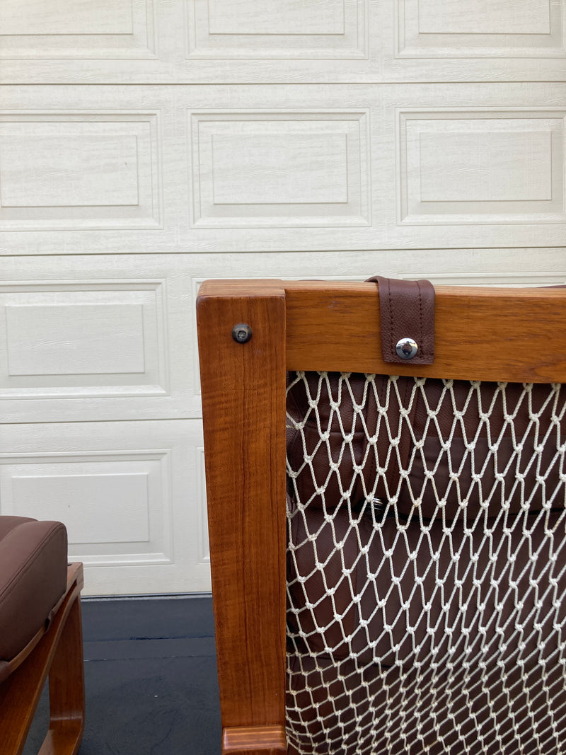 Tessa T4 sling pair of armchairs designed by Fred Lowen fully restored new Italian tan leather