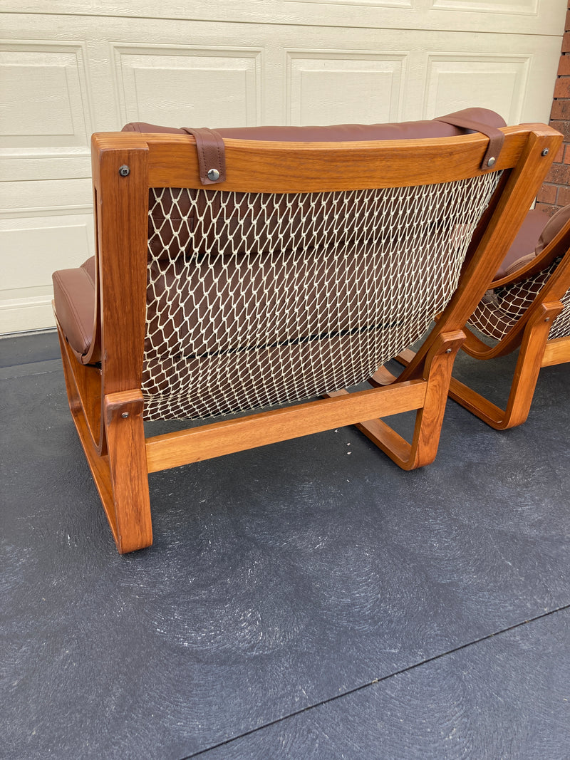 Tessa T4 sling pair of armchairs designed by Fred Lowen fully restored new Italian tan leather