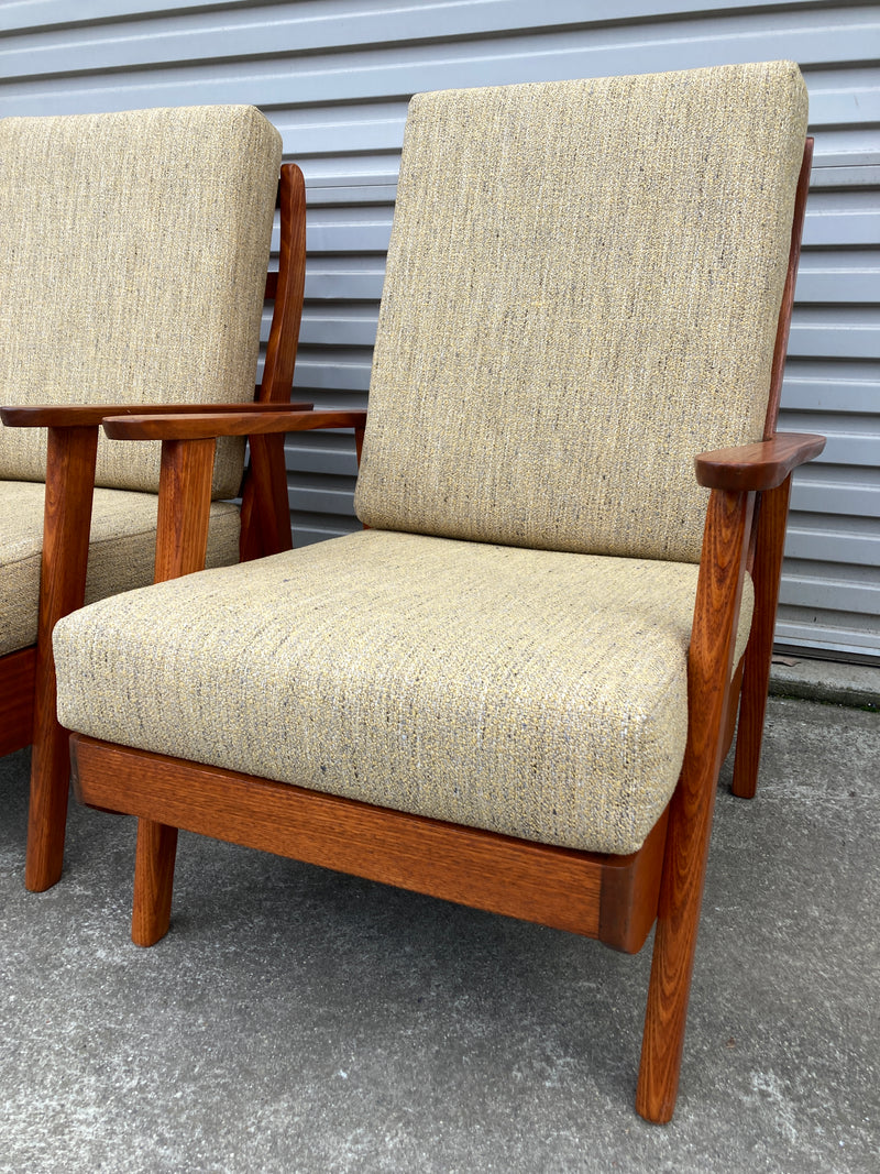 Pair of lowline armchairs MCM fully restored Zepel fabric mingle mangle boucle