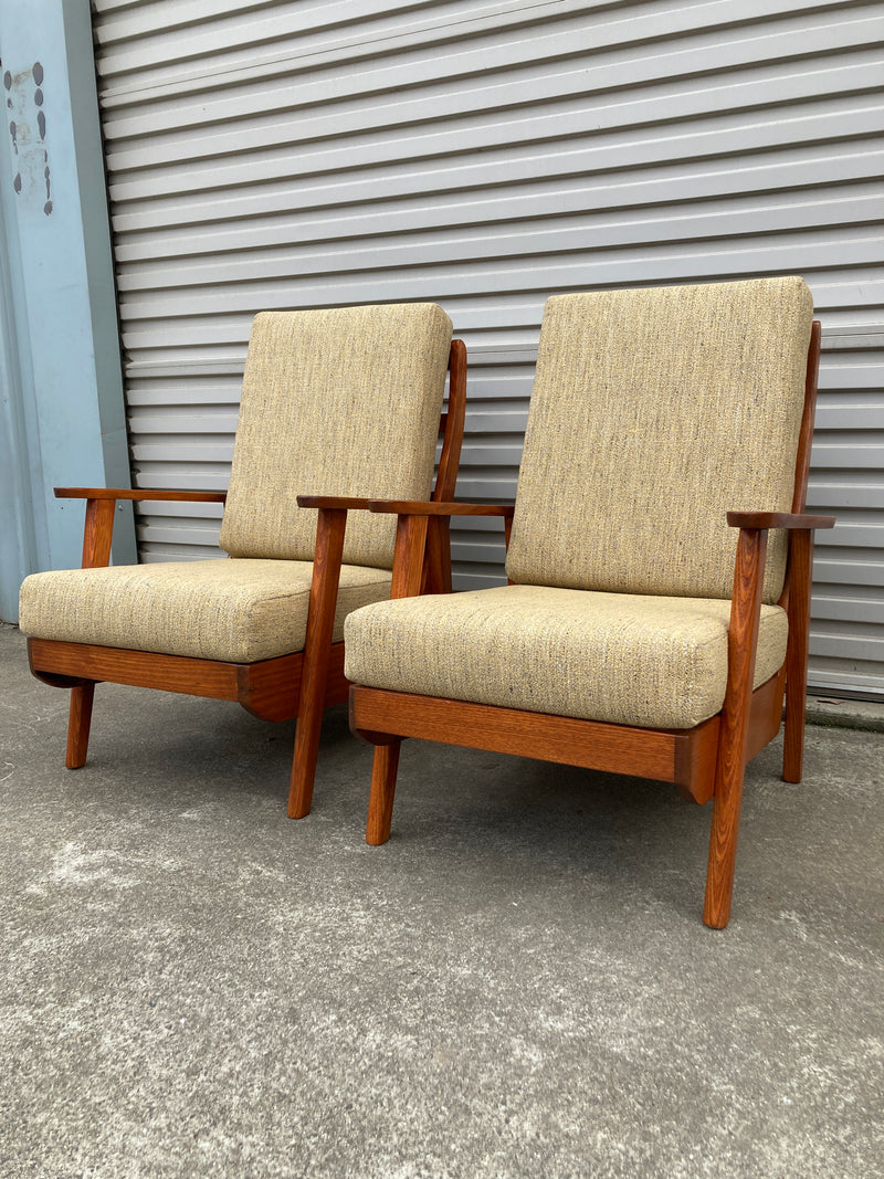 Pair of lowline armchairs MCM fully restored Zepel fabric mingle mangle boucle