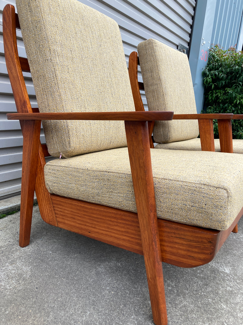 Pair of lowline armchairs MCM fully restored Zepel fabric mingle mangle boucle