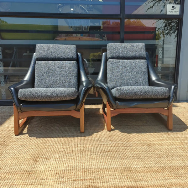 Danish Deluxe pair two Nagila armchairs MCM restored mingle mangle Zepel fabrics