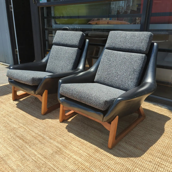 Danish Deluxe pair two Nagila armchairs MCM restored mingle mangle Zepel fabrics