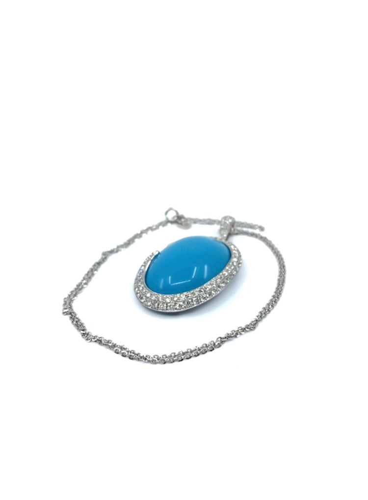 18ct white gold grain set pave surround turquoise diamonds brilliant cut pendant necklace