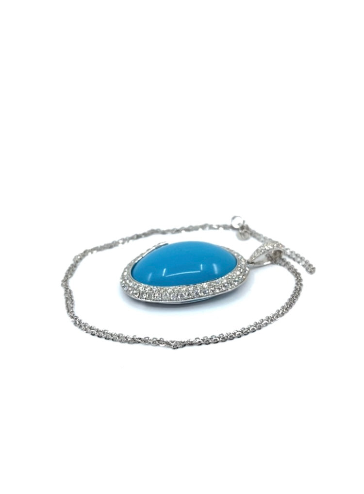 18ct white gold grain set pave surround turquoise diamonds brilliant cut pendant necklace