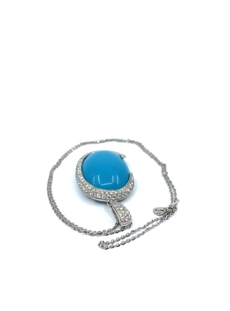 18ct white gold grain set pave surround turquoise diamonds brilliant cut pendant necklace