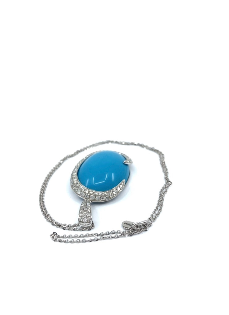 18ct white gold grain set pave surround turquoise diamonds brilliant cut pendant necklace