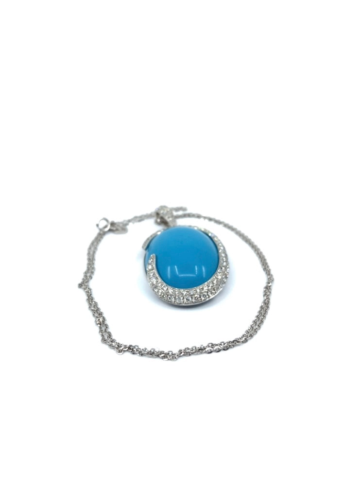 18ct white gold grain set pave surround turquoise diamonds brilliant cut pendant necklace