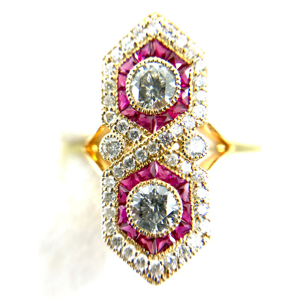 14ct yellow gold ruby diamond ring round brilliant cut evaluation $12k size J1/2