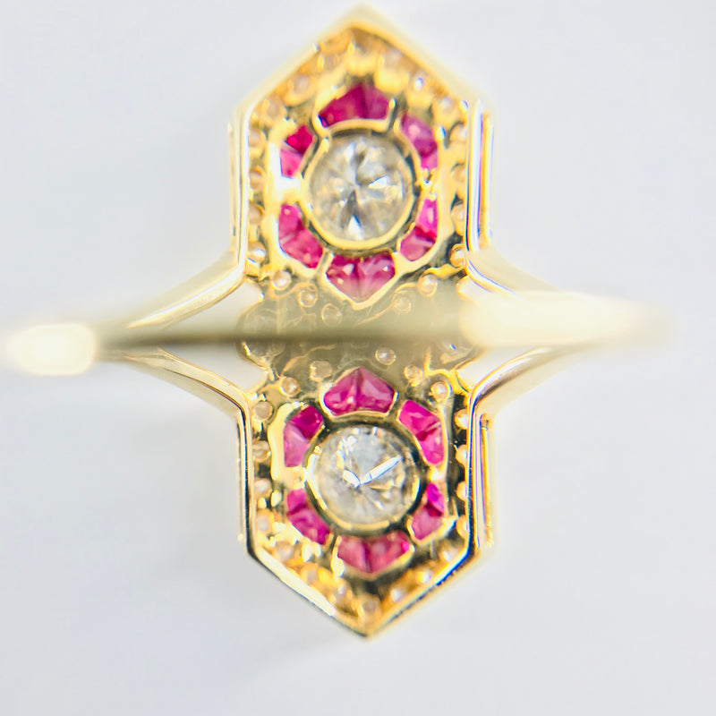 14ct yellow gold ruby diamond ring round brilliant cut evaluation $12k size J1/2