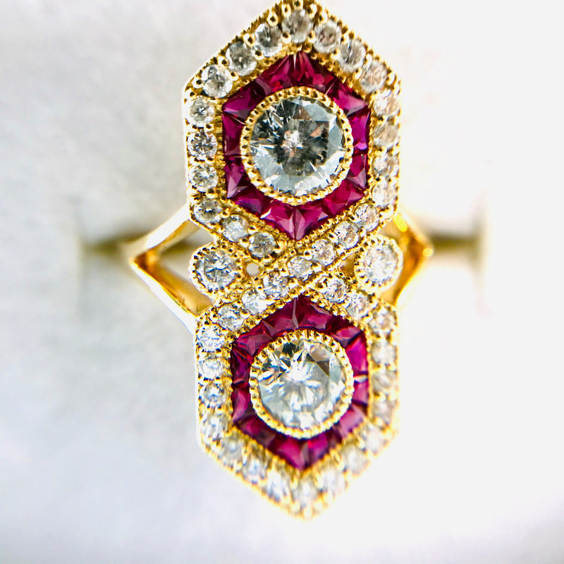 14ct yellow gold ruby diamond ring round brilliant cut evaluation $12k size J1/2