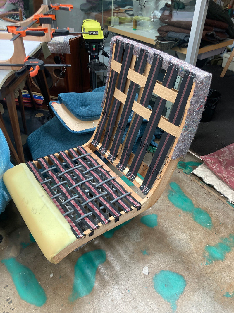 Pair Gerald Easden MCM teak restored armchairs rare genuine sleigh blue
