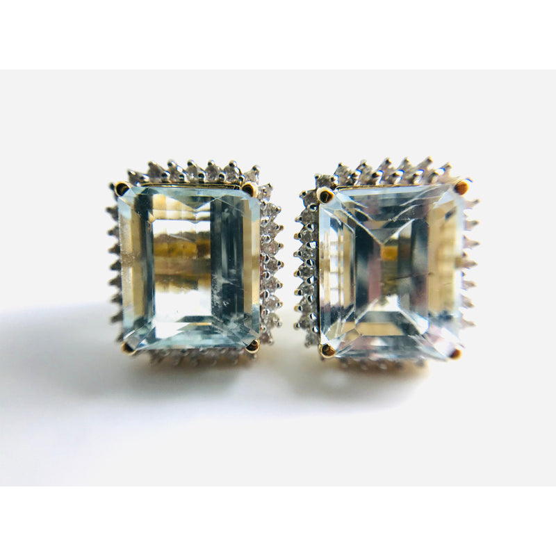 14ct Yellow Gold Aquamarine Diamond halo stud earrings evalution $16k