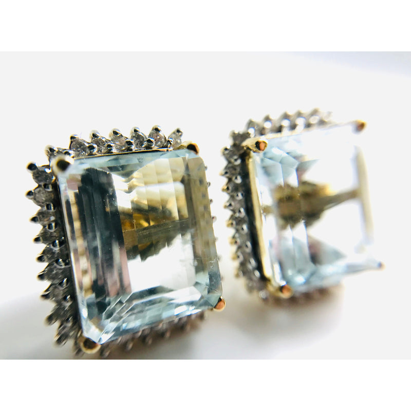 14ct Yellow Gold Aquamarine Diamond halo stud earrings evalution $16k