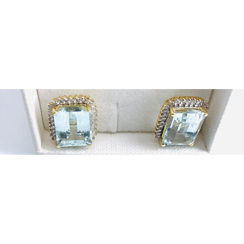 14ct Yellow Gold Aquamarine Diamond halo stud earrings evalution $16k