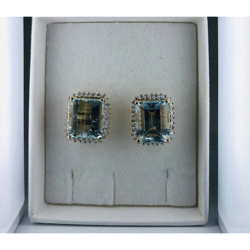 14ct Yellow Gold Aquamarine Diamond halo stud earrings evalution $16k