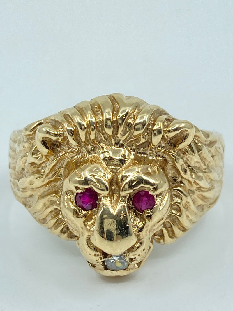 Solid 9ct Yellow Gold Diamond Lion Gents Ruby Head Ring polished restored size S