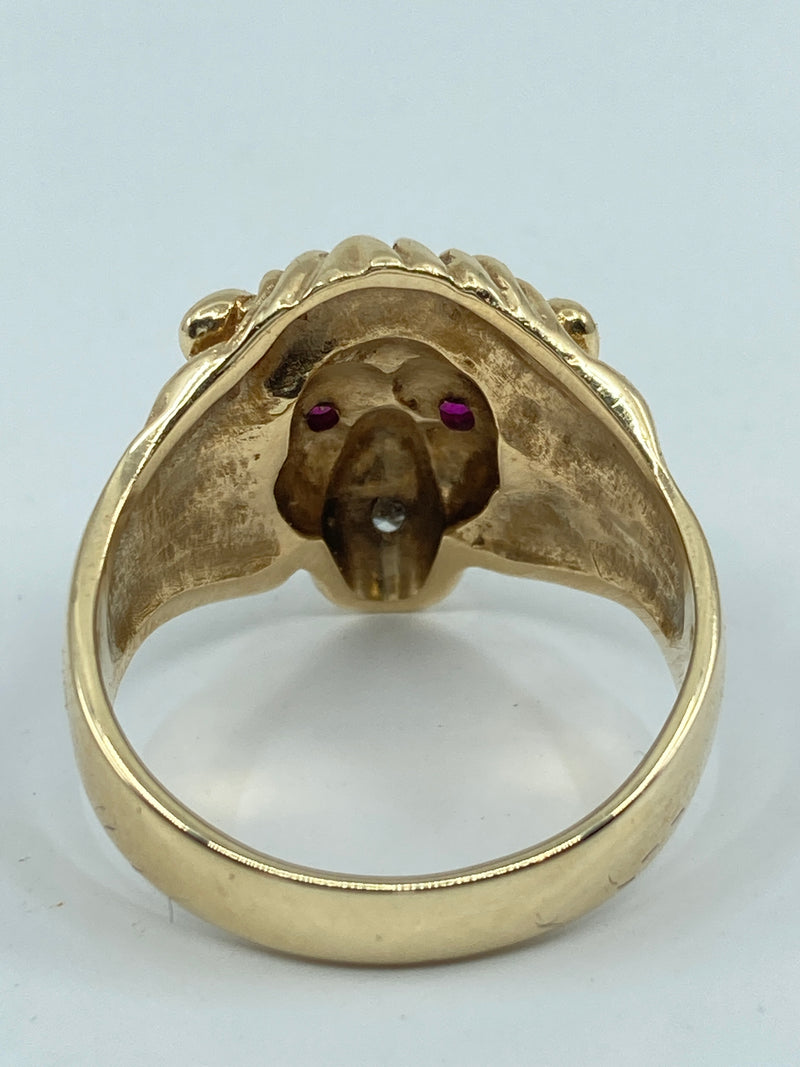 Solid 9ct Yellow Gold Diamond Lion Gents Ruby Head Ring polished restored size S