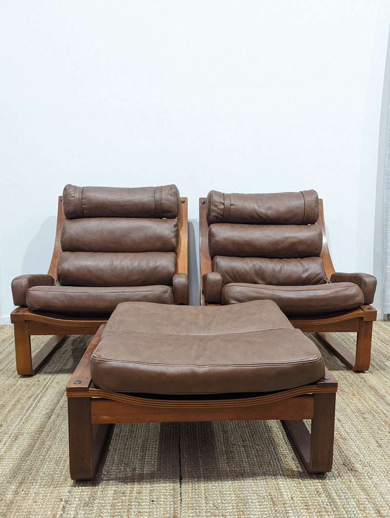 Tessa T4 Sling pair of armchairs authentic brown full aniline Italian soft leather with ottoman