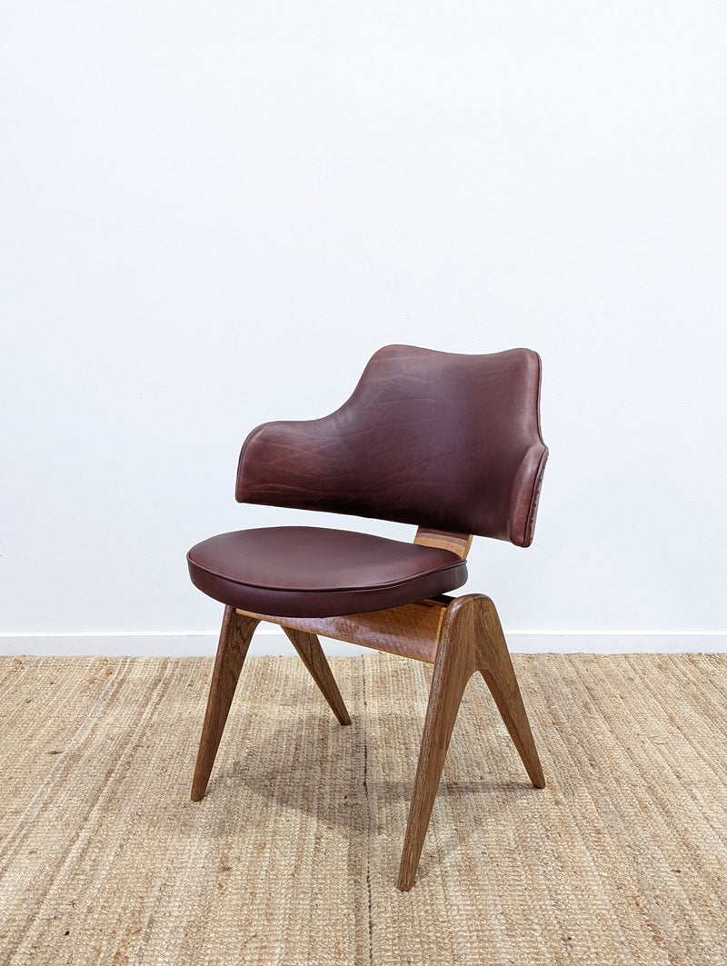 Original Genuine plate stamped Restored Featherston single TY armchair timber version leather