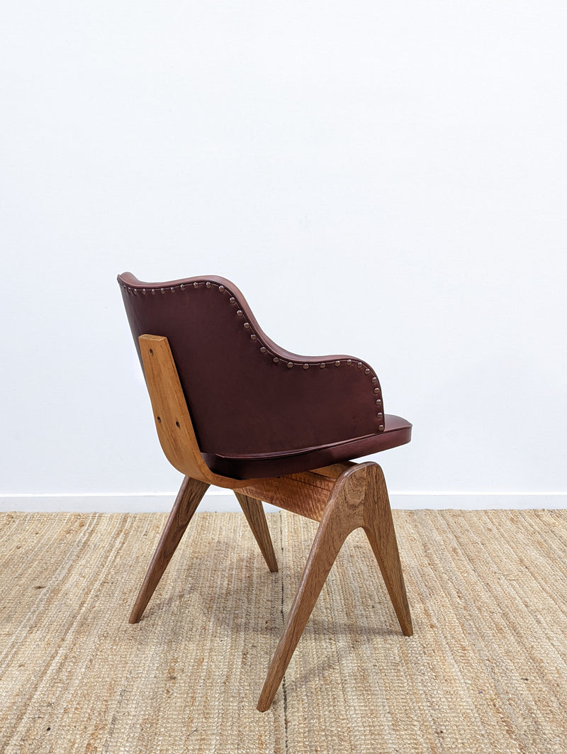 Original Genuine plate stamped Restored Featherston single TY armchair timber version leather
