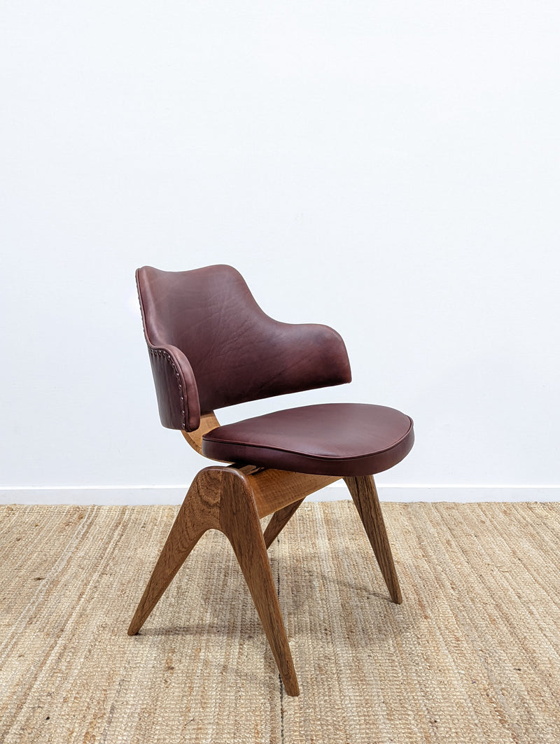 Original Genuine plate stamped Restored Featherston single TY armchair timber version leather