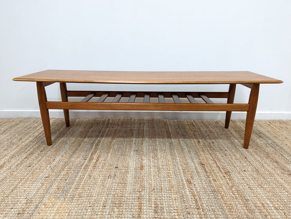Coffee table teak magazine rack MCM 1960s restored golden brown