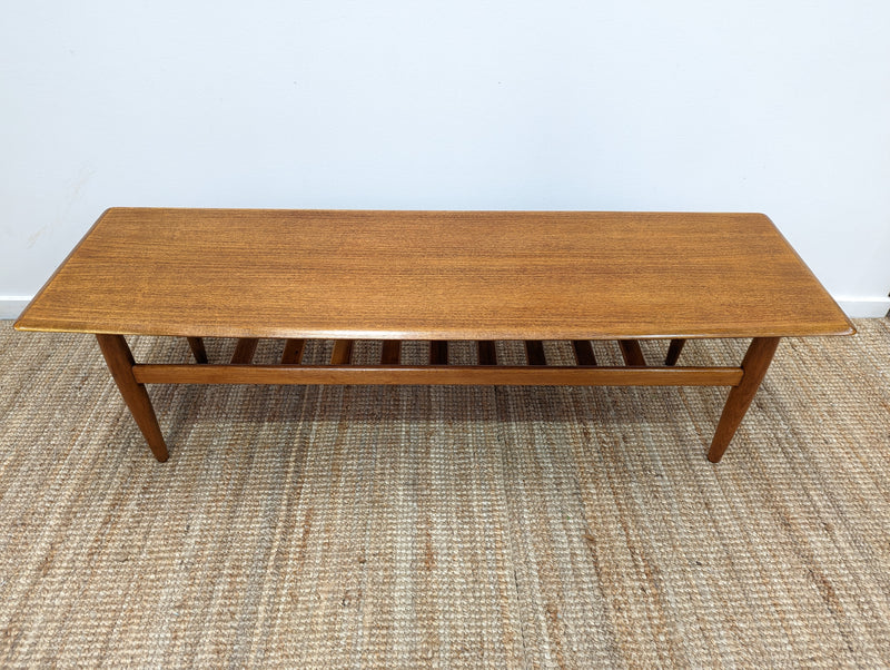 Coffee table teak magazine rack MCM 1960s restored golden brown